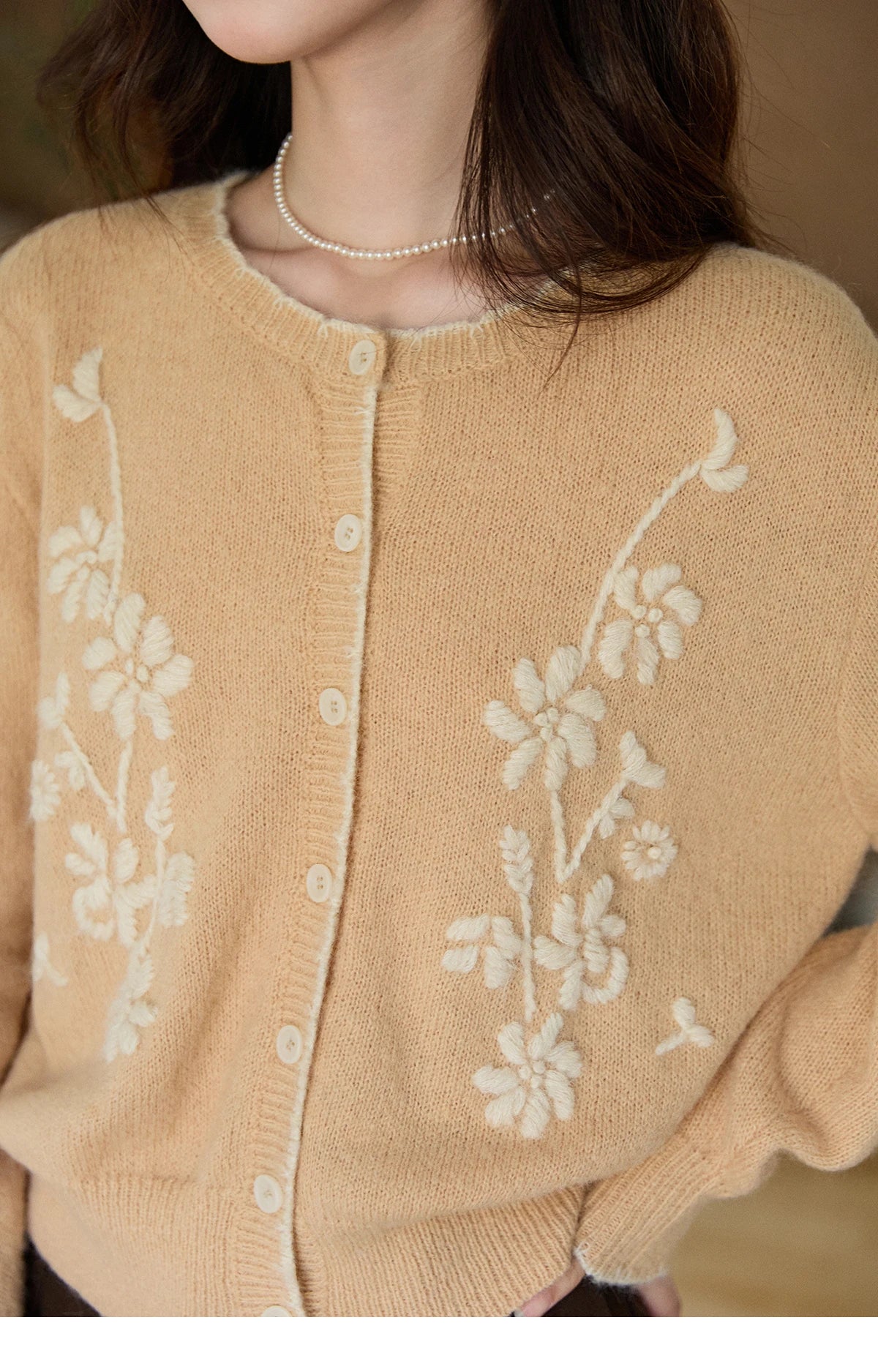 Mishow Camel Floral Embroidery Crew Neck Cardigan MXF11Z2896