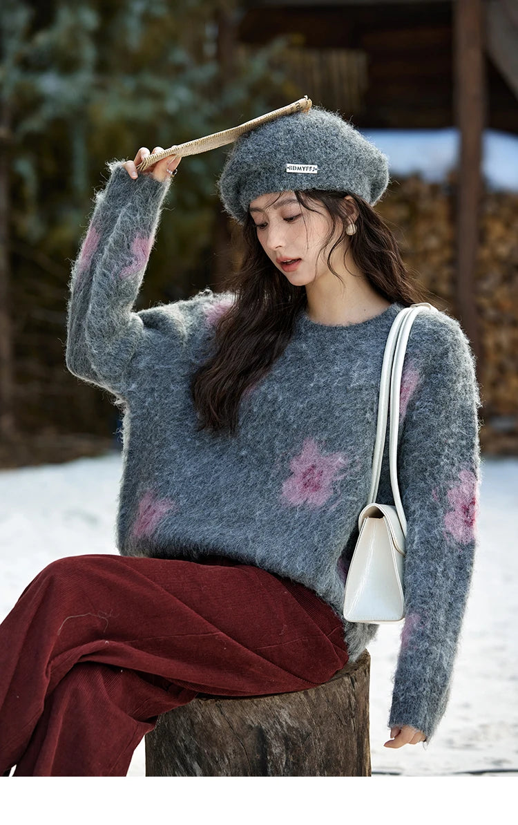 Mishow Wool Yarn Plush Fur Flower O-Neck Pullover MXD56Z1001