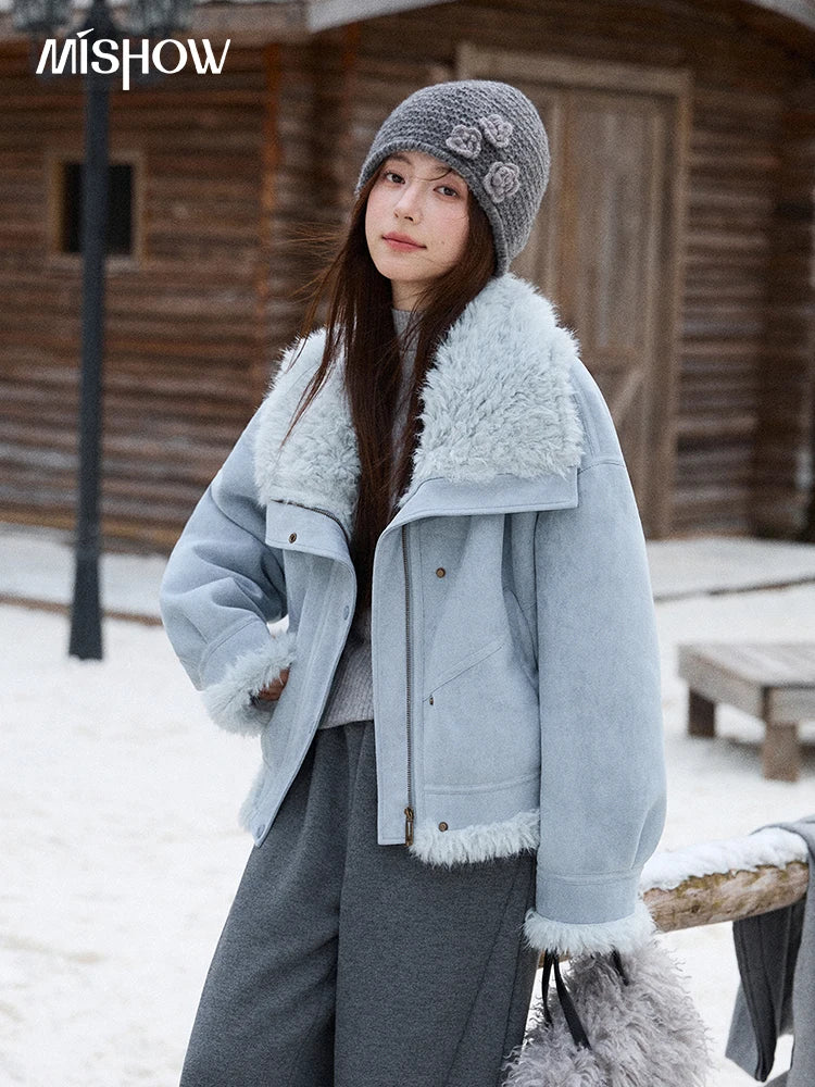 MISHOW Blue Plush Jacket Turn-Down Collar Zip-Up Loose MXE87W0917