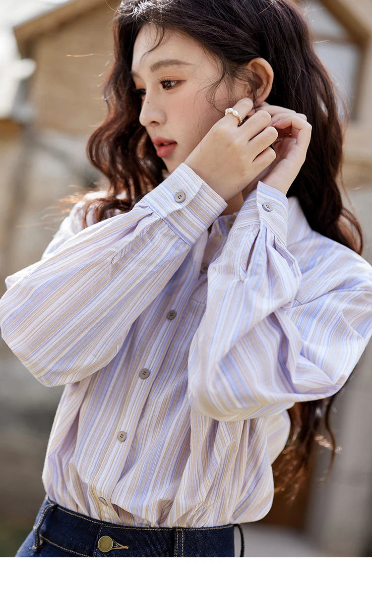 MISHOW Purple Striped Loose Shirt Turn-Down Collar MXE13C0407