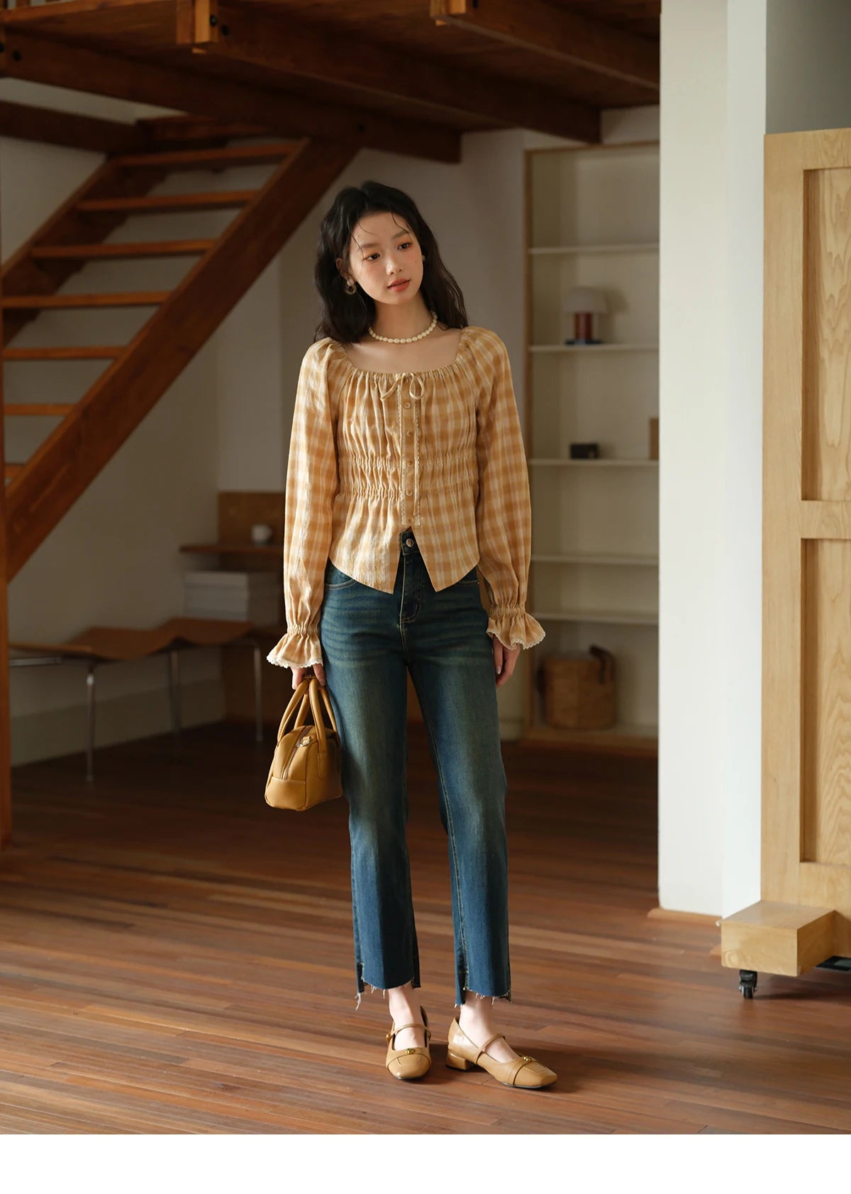 MISHOW Yellow Plaid Blouse Square Neck Puff Sleeve MXE43X1986