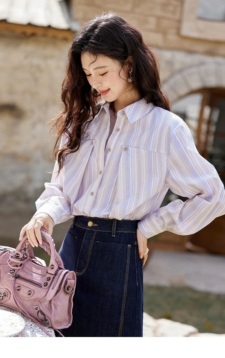 MISHOW Purple Striped Loose Shirt Turn-Down Collar MXE13C0407