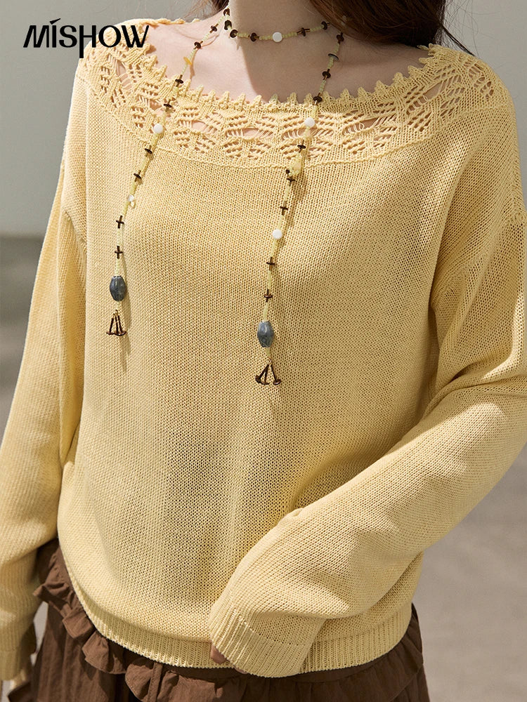 Mishow Yellow Hollow Lace Trim Boat Neck Sweater MXF15Z3050
