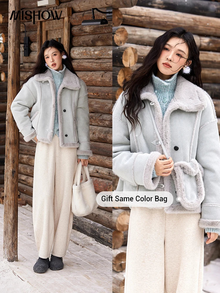 Mishow Suede Plush Fur Collar Jacket with Bag MXD57W0737
