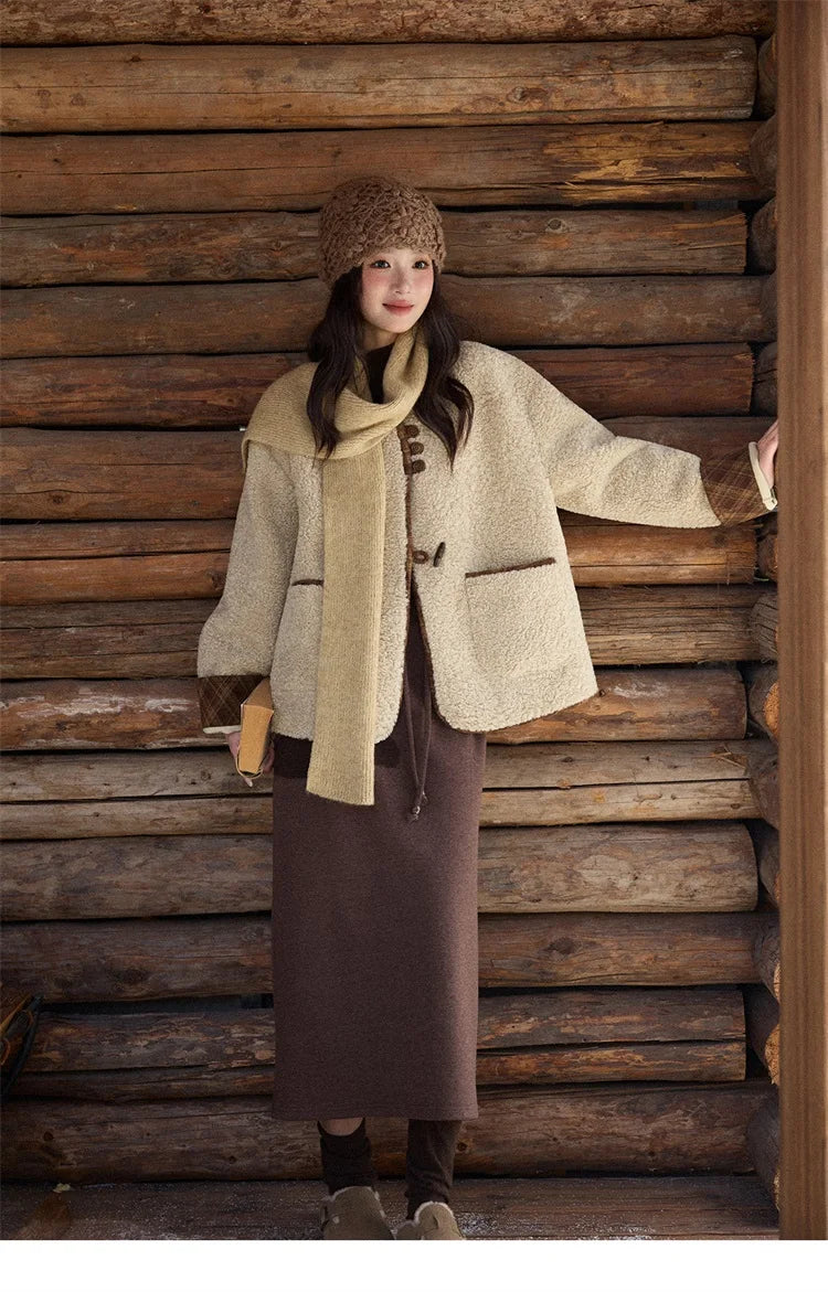Mishow Plaid Patchwork Lamb Wool Round Neck Coat MXE90W0923