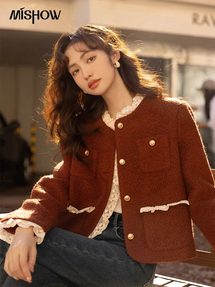 MISHOW Wool Coat Lace Splicing Lamb Wool Button Pockets MXB43W0720