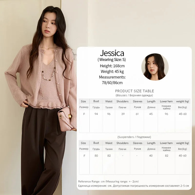 Mishow Pink Crew Neck Cardigan & Suspenders Set MXE48T1404