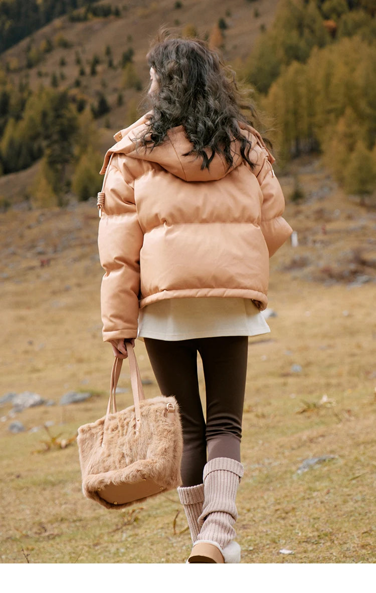 Mishow Hooded Imitation Leather Short Down Jacket MXC52Y0008