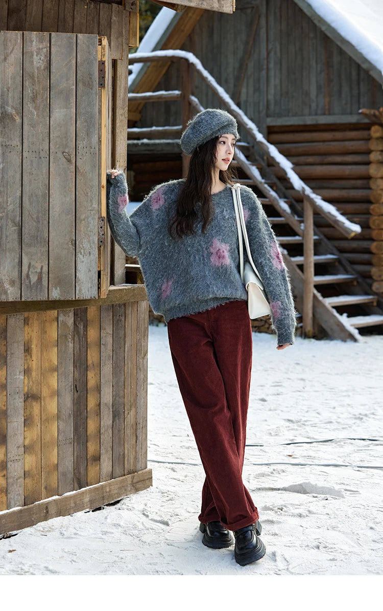 Mishow Wool Yarn Plush Fur Flower O-Neck Pullover MXD56Z1001