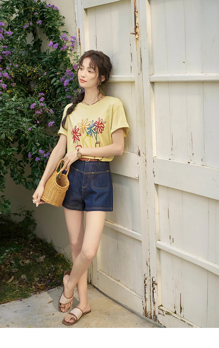 Mishow Embroidered Flower Pocket Wide Leg Denim Shorts MXD26K0707