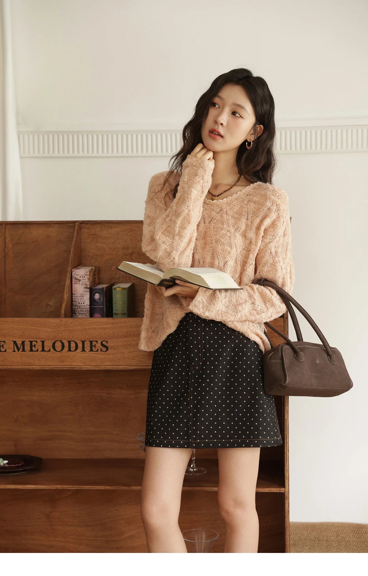Mishow Bamboo Loop Yarn Hollow V-Neck Lace Sweater MXE43Z1349