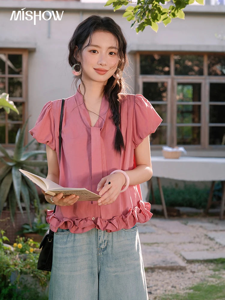 MISHOW V-Neck Puff Sleeve Blouse Lace Up Button Sweet MXE38X1914