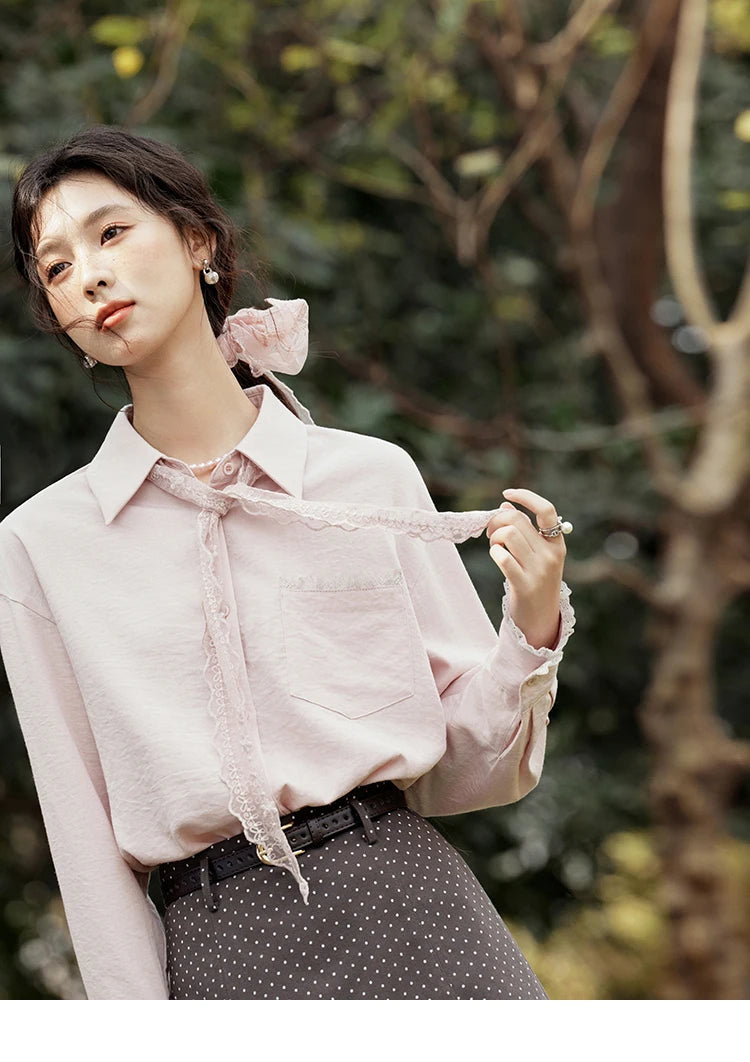 MISHOW Lace Trim Blouse Turn-Down Collar MXE16C0760