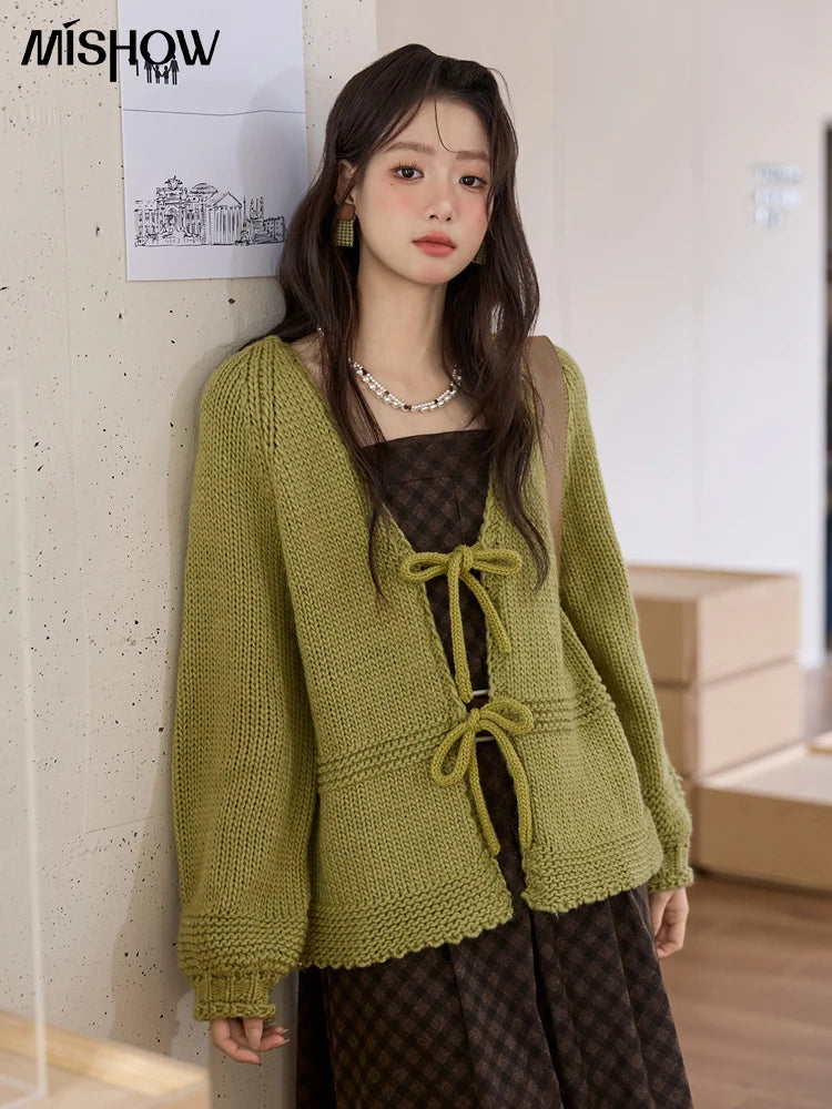 Mishow Avocado Green Lantern Sleeve Lace-Up Cardigan MXE51Z2694