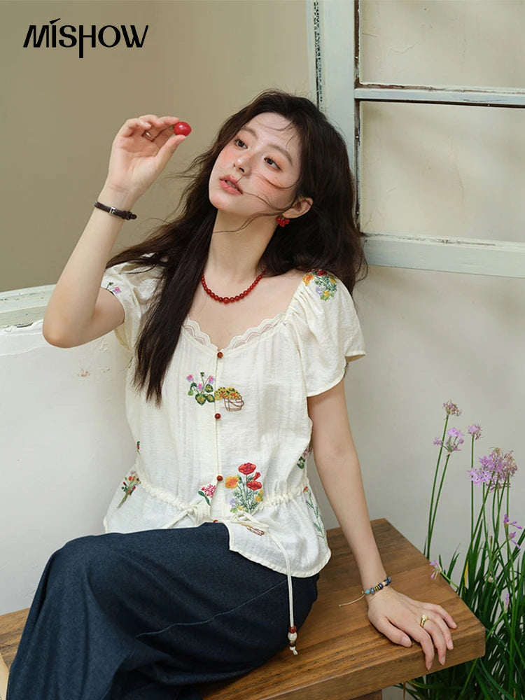 MISHOW Flower Embroidery Square Neck Lace Blouse MXE37X1895