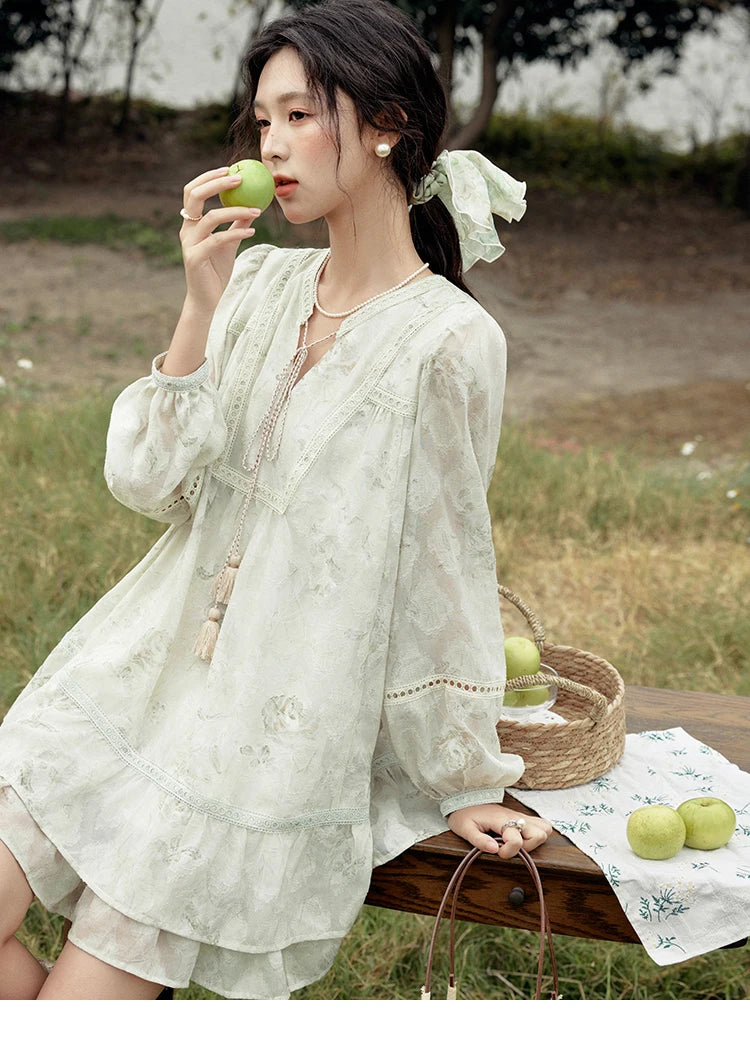 Mishow Floral V-Neck Tassel Lantern Sleeve Dress MXE15L2121