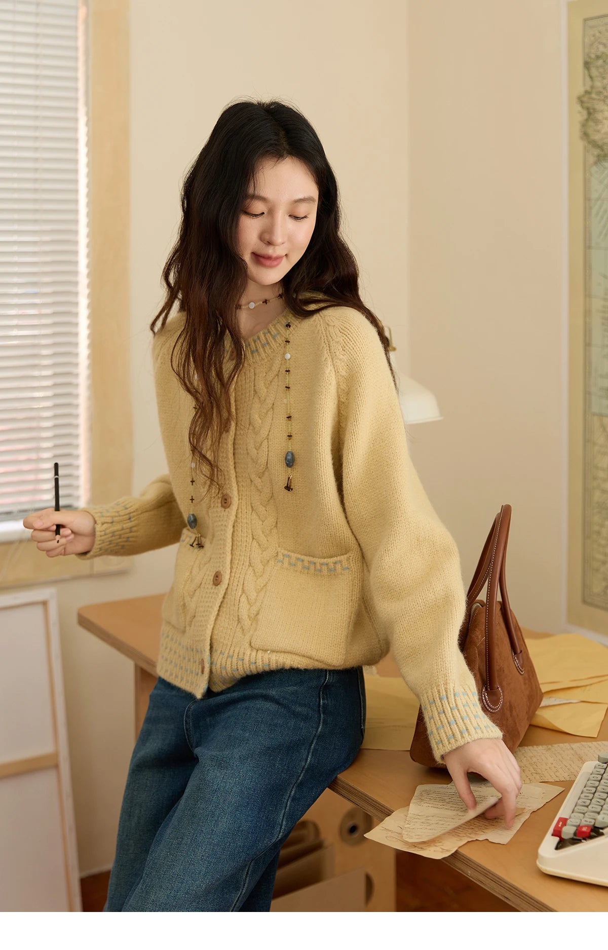 Mishow Yellow Cable Knit Hand-Drawstring Cardigan MXE47Z2566