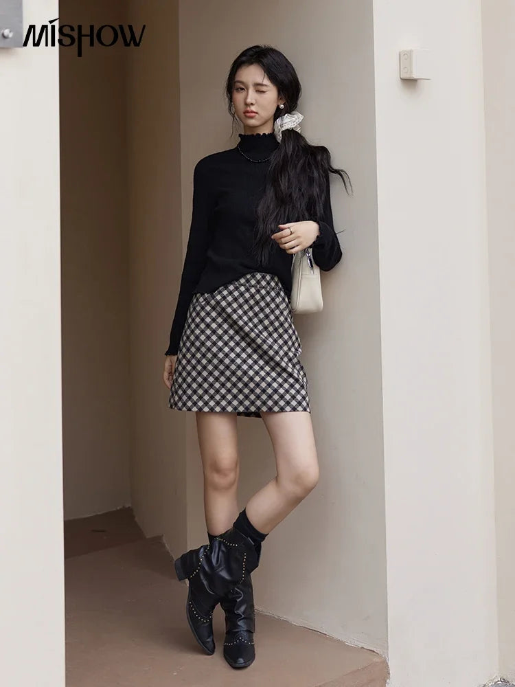 Mishow Ruffled Edge High Collar Slim Knit Top MXD48Z0850