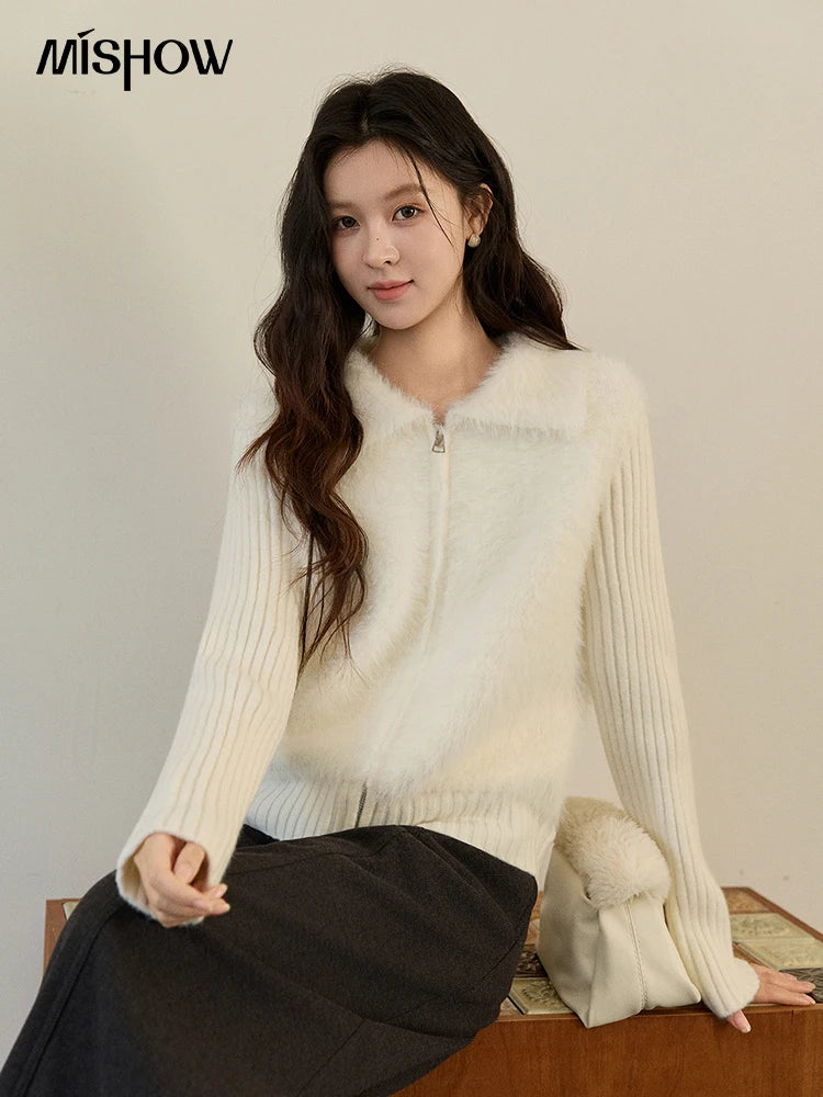 Mishow White Faux Fur Fake Two-Piece Zipper Cardigan MXE94Z2992