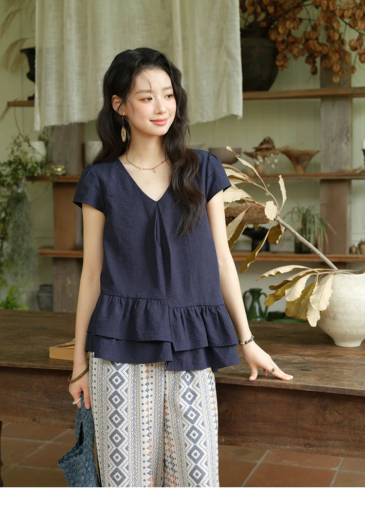 Mishow Lotus Leaf Edge V-Neck Blouse & Geometric Wide Leg Pants Set MXE39T0670