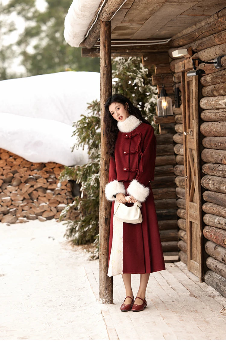 Mishow Tweed Jacket with Removable Fur Collar & Pleated Skirt Set MXD59W0609