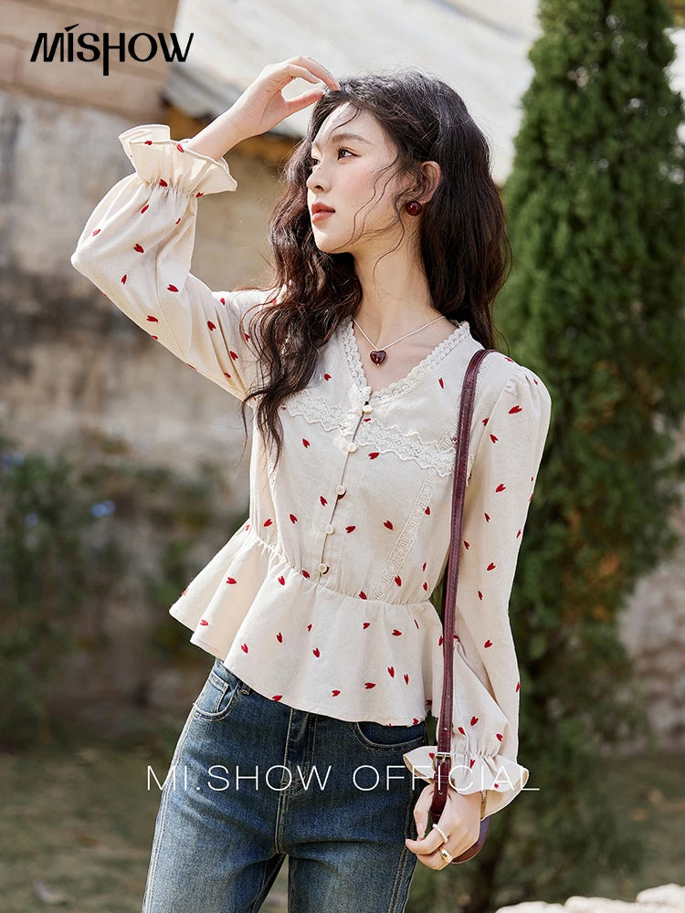 MISHOW Love Embroidered V-Neck Blouse Waist Ruffle MXE13X1700