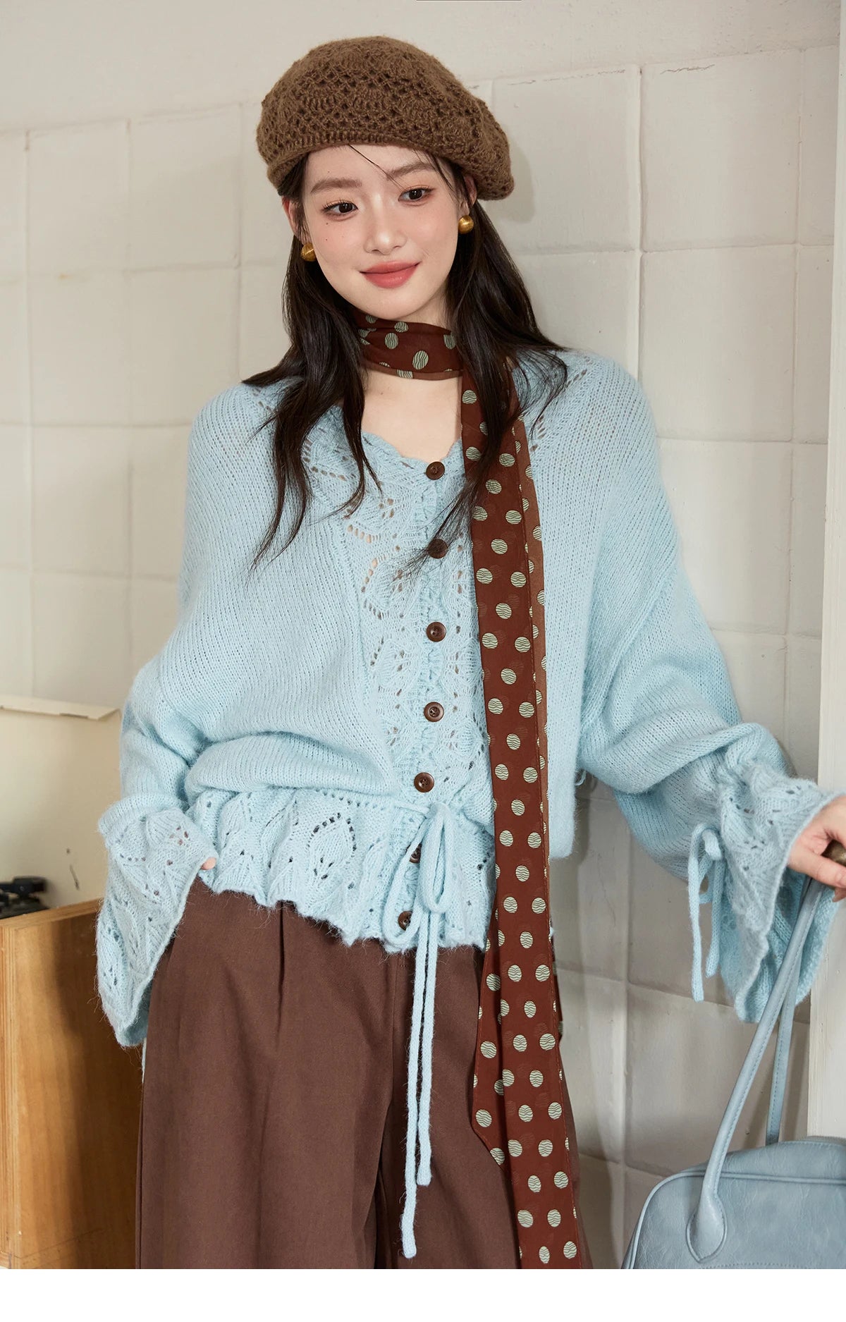Mishow Hollow Knit V-Neck Flared Sleeve Cardigan MXE47Z2513