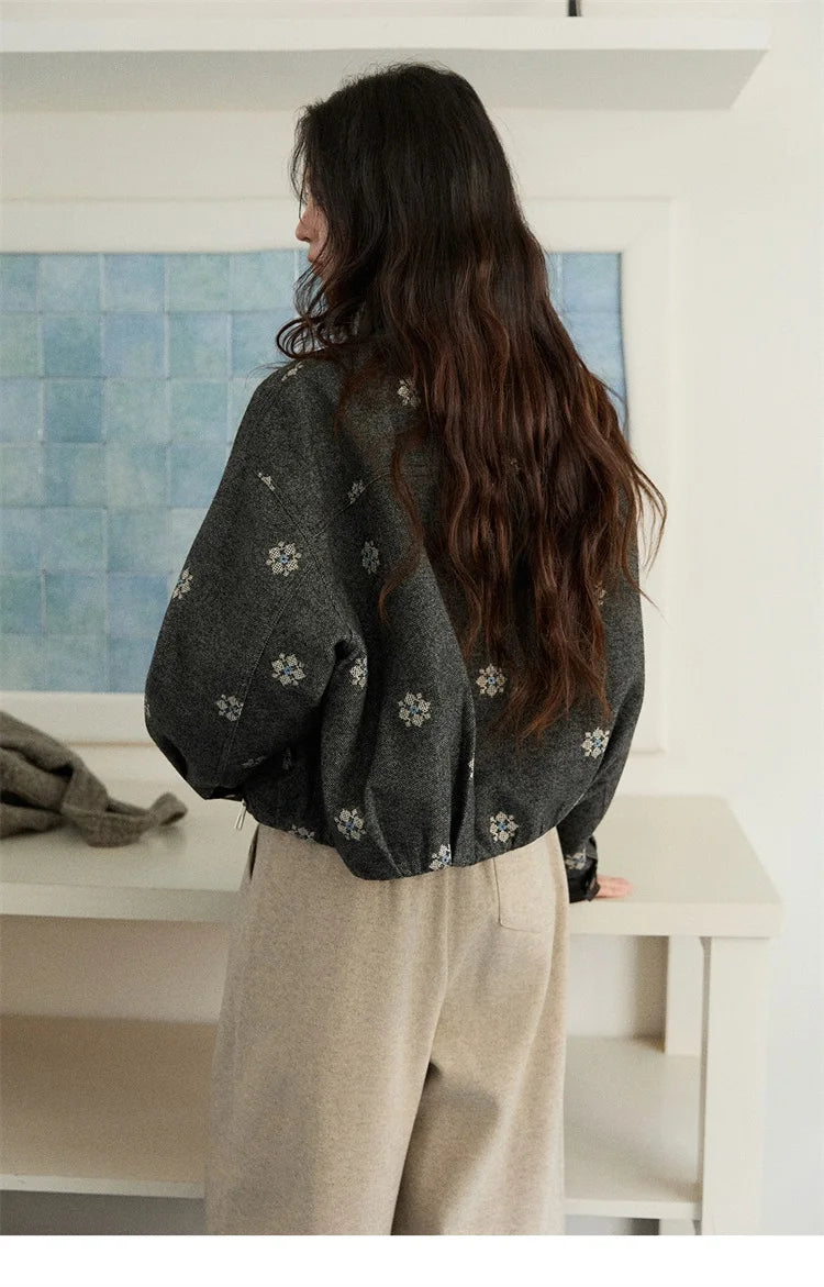 MISHOW Wool Blend Jacket Small Flower Embroidery Turtleneck Zipper MXE86W0906