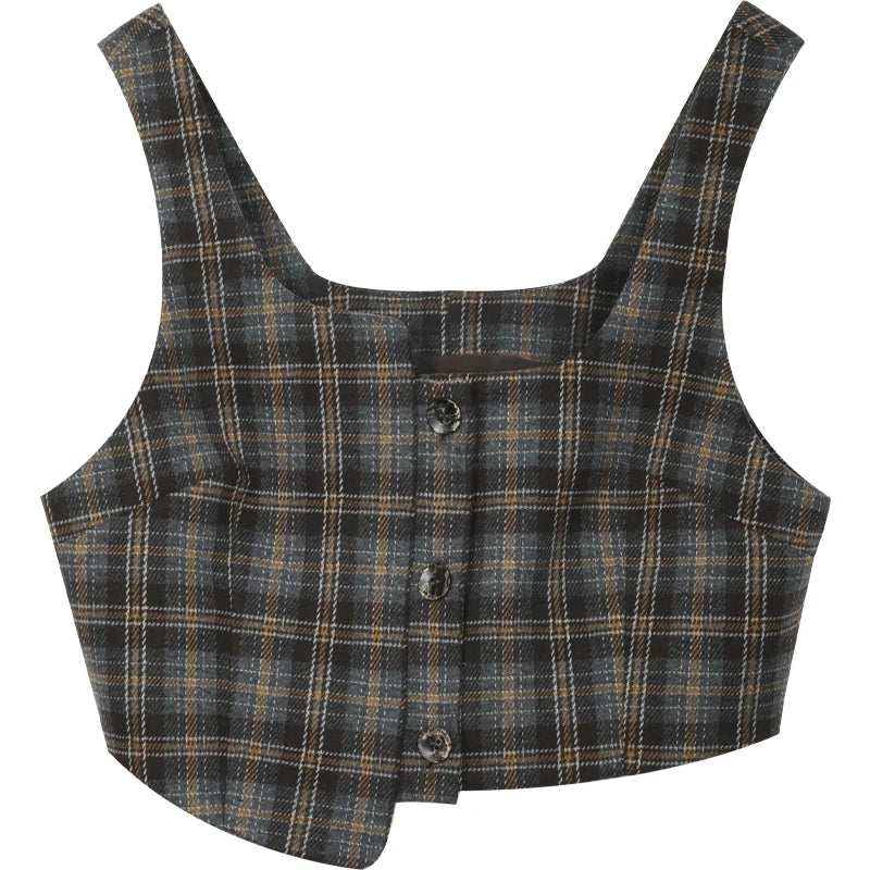 Mishow Blue Plaid Square Collar Vest & Midi Skirt Set MXD44W0454