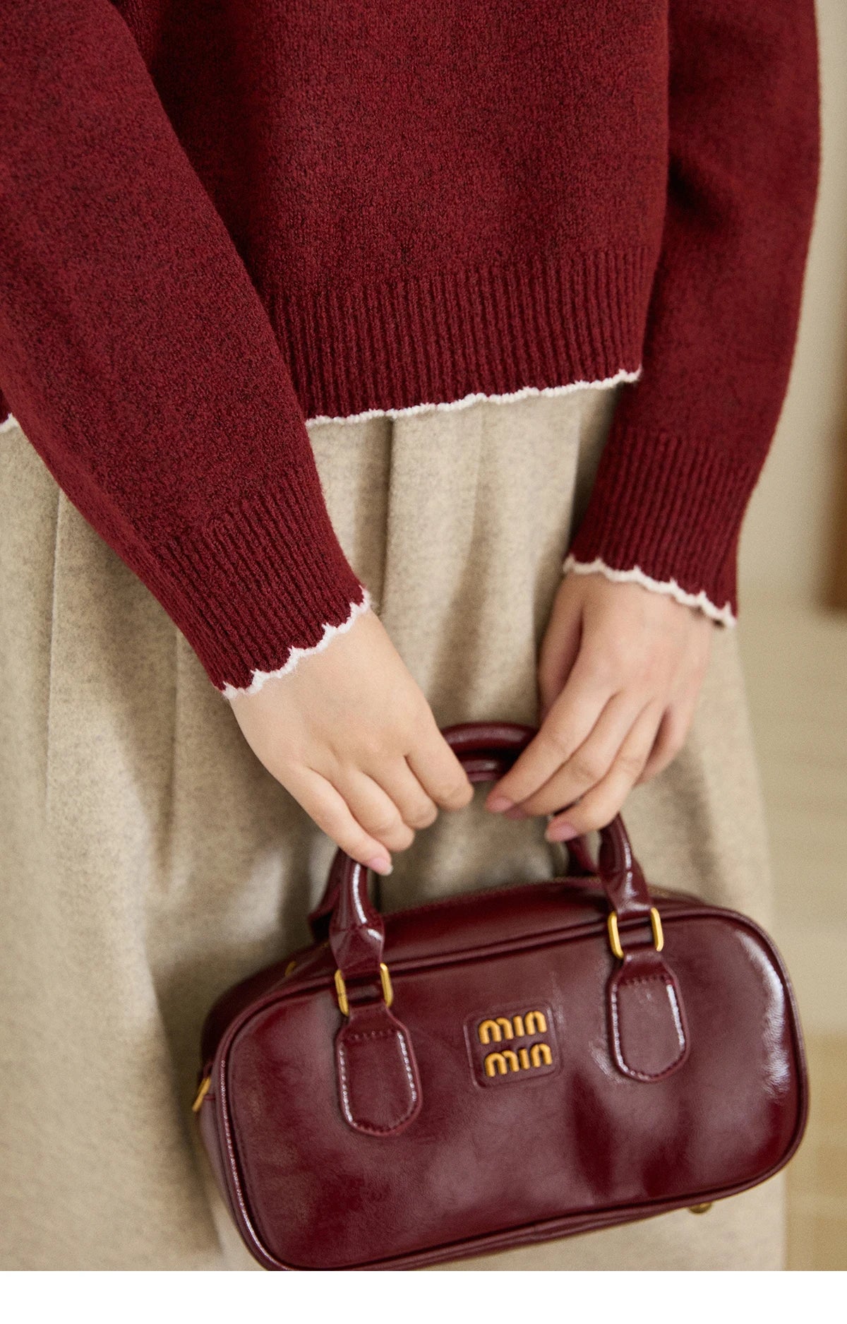 Mishow Burgundy Poodle Pattern Ruffled Trim Pullover MXE93Z2949