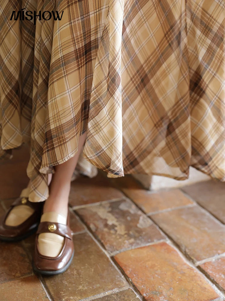 MISHOW Coffee Plaid Skirt Asymmetrical Hem Side Zipper A-Line MXE42B2377