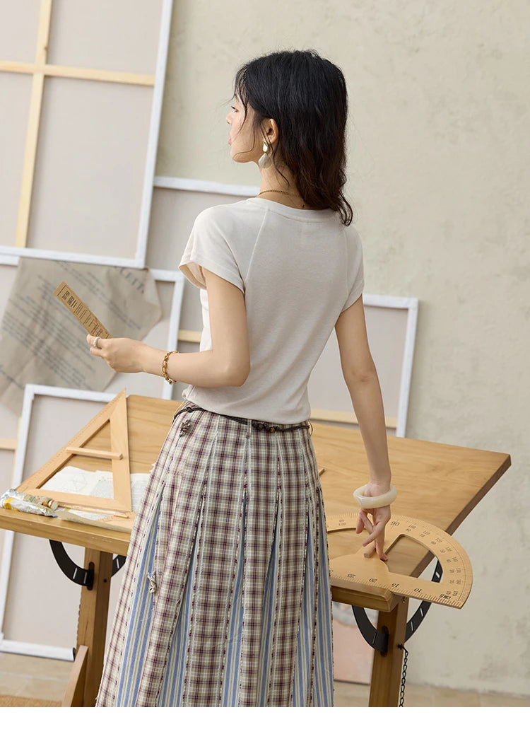 MISHOW Retro Plaid Patchwork Pleats Skirt A-LINE Slim MXE35B0726