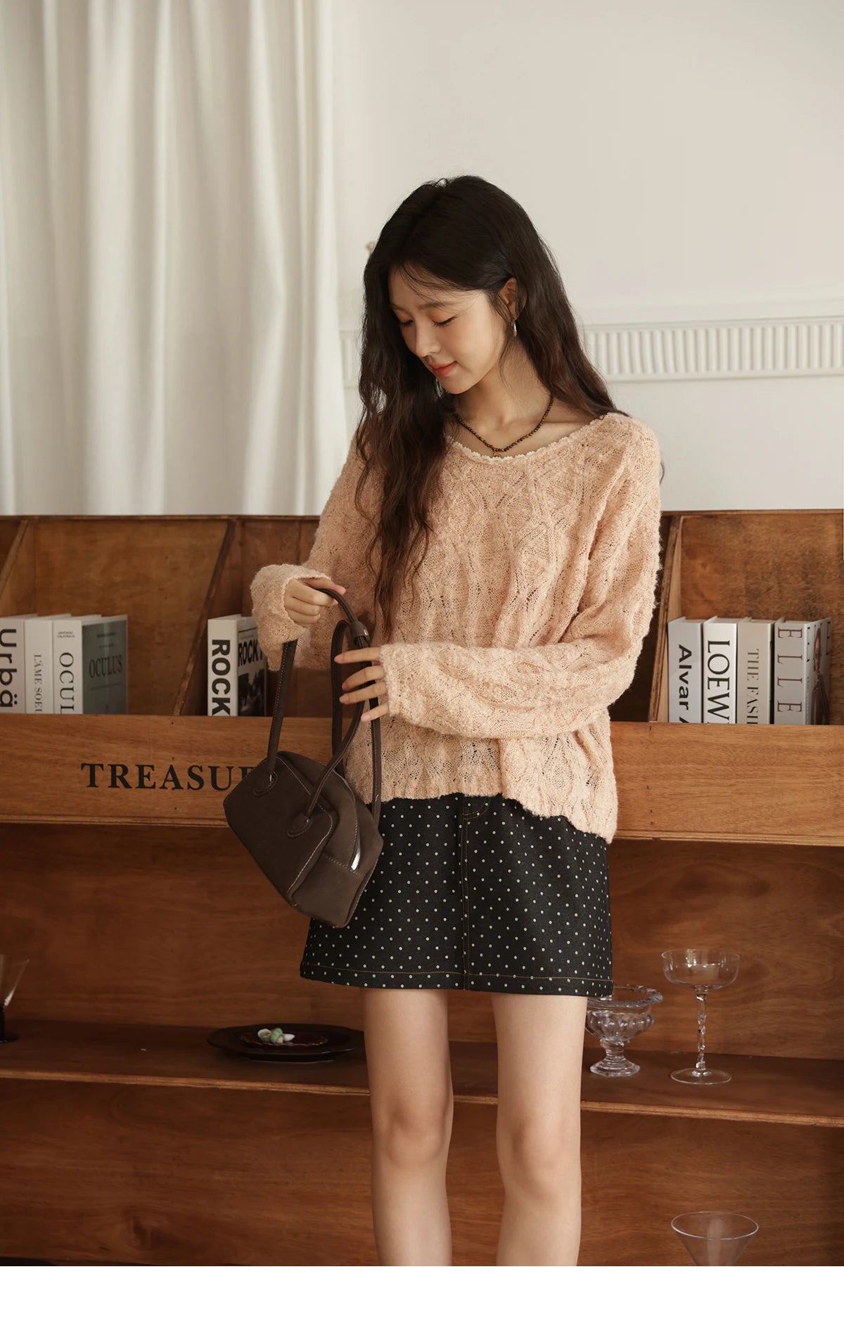 Mishow Bamboo Loop Yarn Hollow V-Neck Lace Sweater MXE43Z1349