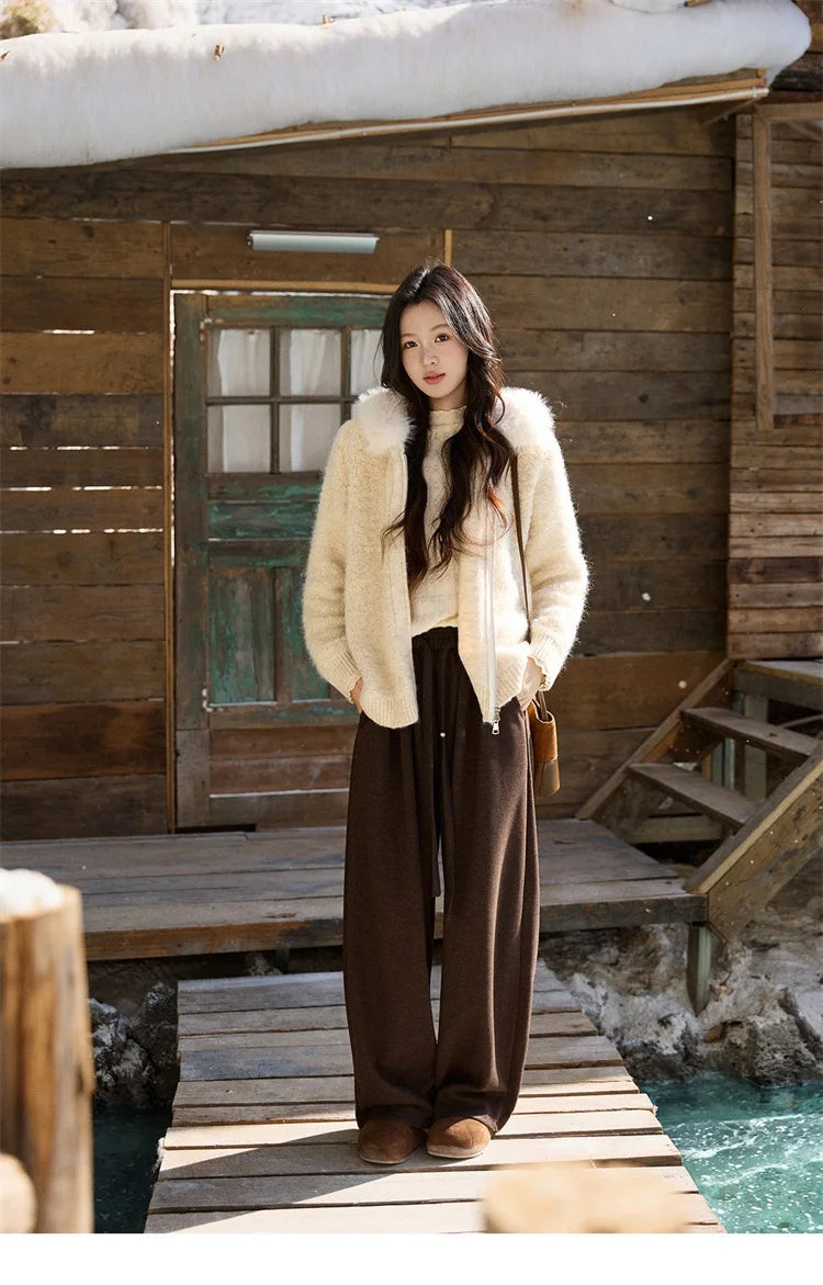 Mishow Beige Fur Hood Zipper Cardigan MXE94Z2963