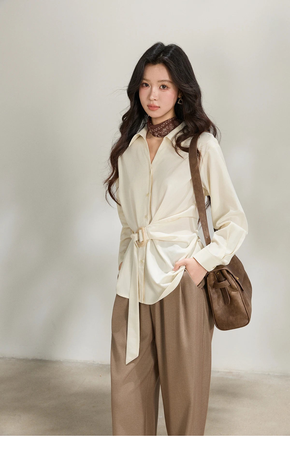 MISHOW Lapel Collar Shirt with Belted Waist Soft Beige MXF13C2452
