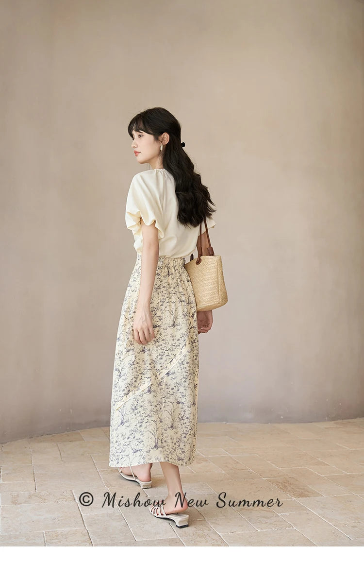 MISHOW Retro Floral Midi Skirt Side Split High Waist Elastic MXC37B0044