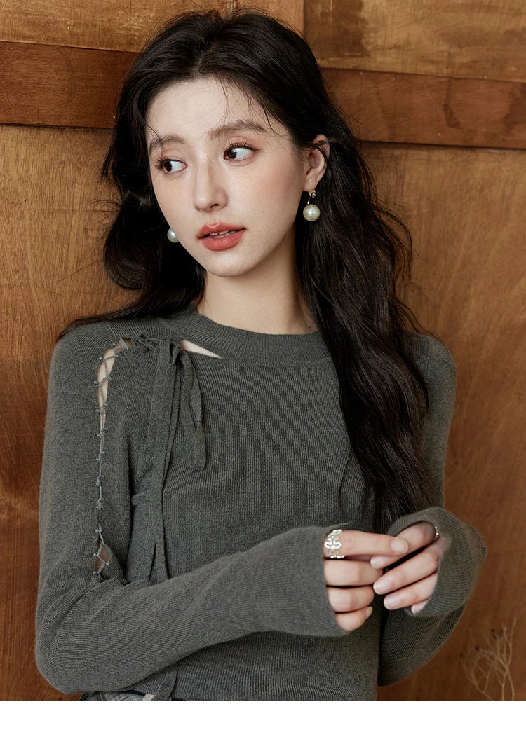 Mishow Hollow Tie Design Bottoming Knit Sweater MXD45Z0766