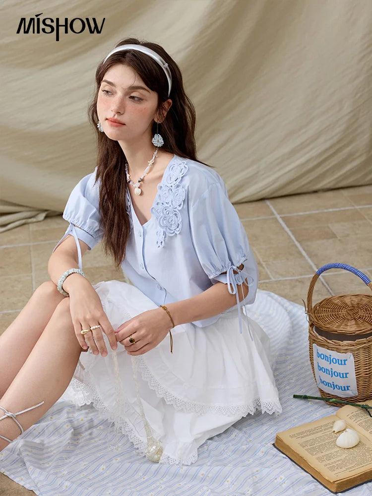 MISHOW Solid V-Neck Blouse Embroidered Loose Short Sleeve MXE31X1774