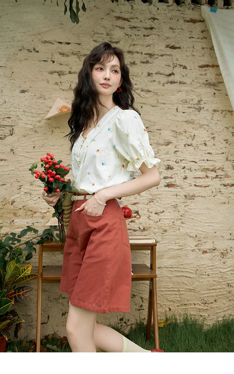 MISHOW 100% Cotton Square Neck Blouse Embroidered Lace Patchwork Puff Sleeve MXD22X1420