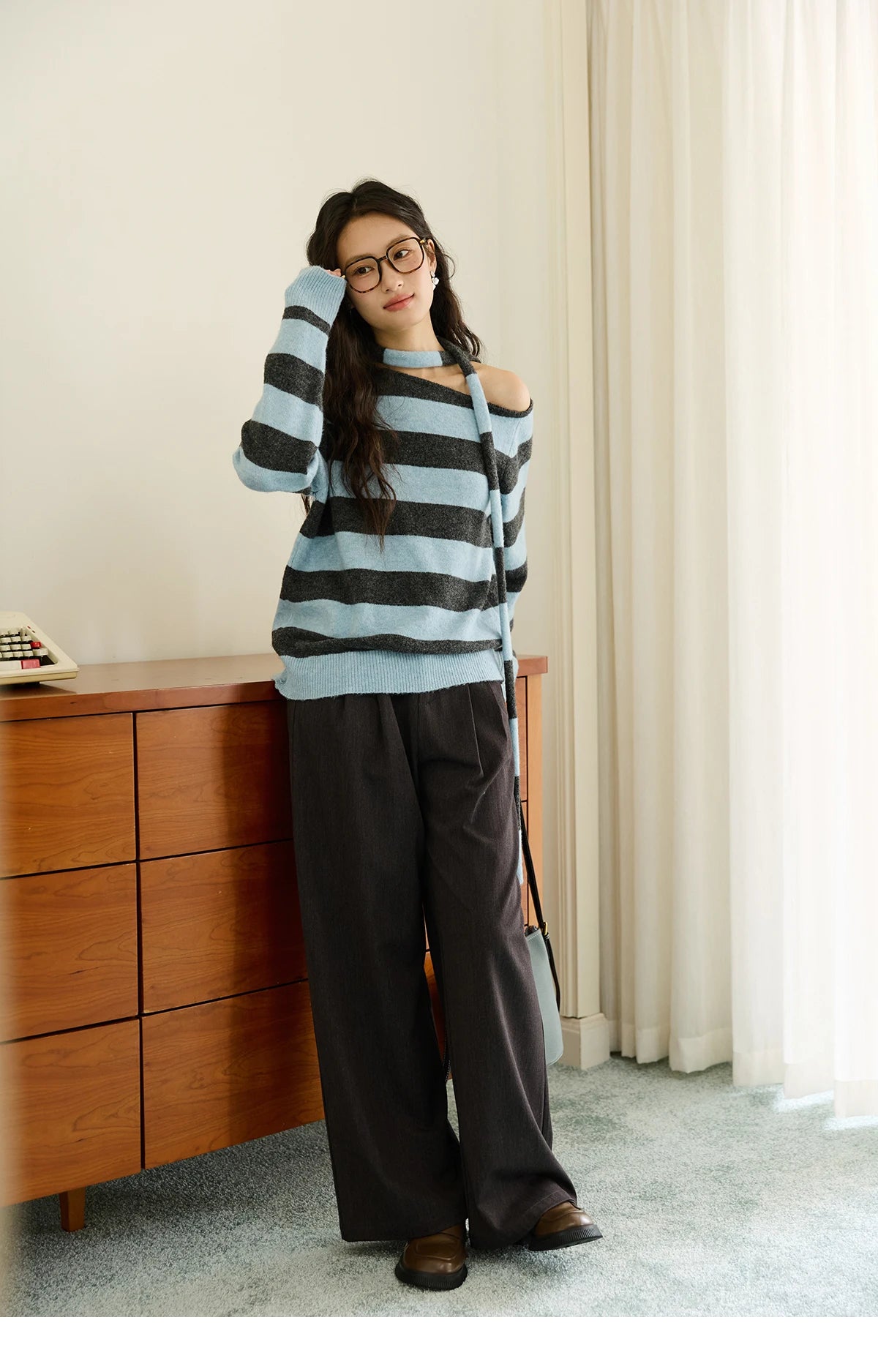 Mishow Blue Gray Slanted Shoulder Ribbon Sweater MXE46Z2540
