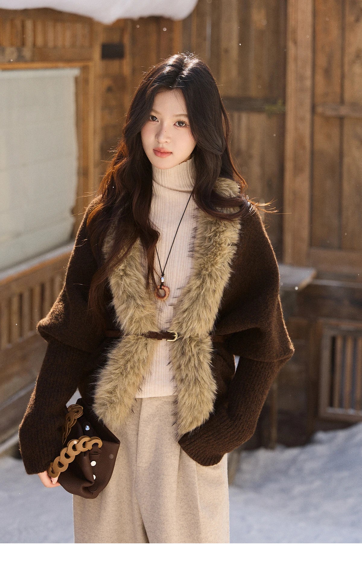 MISHOW Brown Knitted Cardigan Faux Fur Collar Batwing Sleeve MXE94Z2954