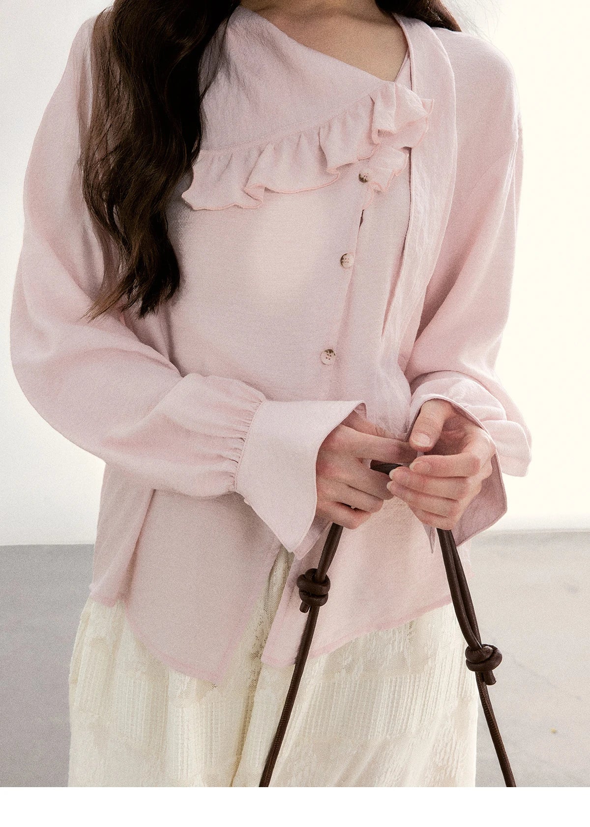 MISHOW Pink Asymmetrical Ruffled Collar Blouse Puff Sleeve MXF11X2520
