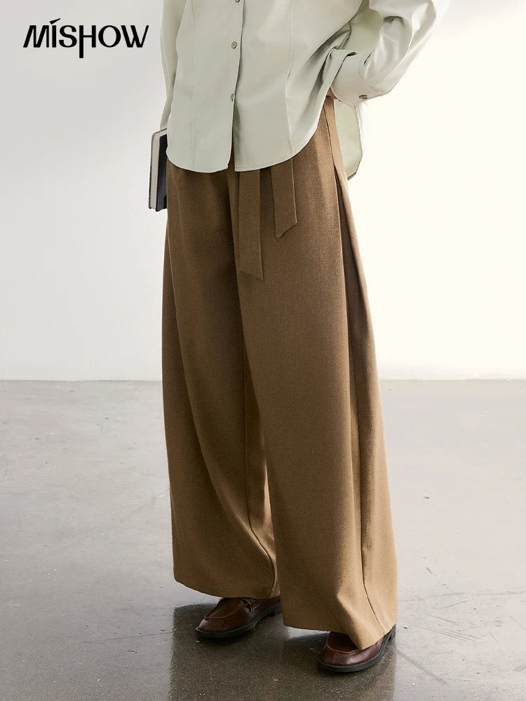 MISHOW Brown Wide Leg Pants Strap Design High Waist Elastic MXF11K1134