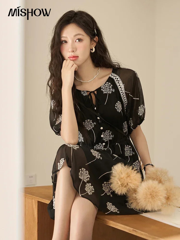Mishow Taraxacum Black Embroidered Lace-Up Dress MXC39L1567
