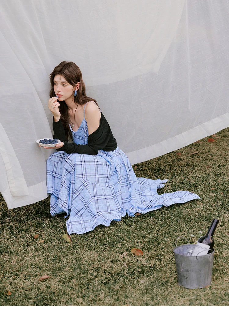 Mishow Blue Plaid Sleeveless A-Line Dress MXE33L2260
