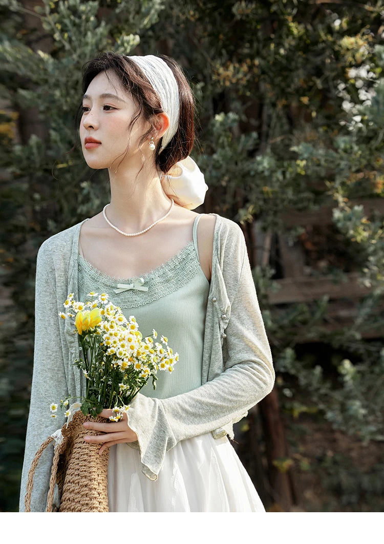 Mishow Light Green Lace Bow Camisole & Cardigan Set MXE15T0504