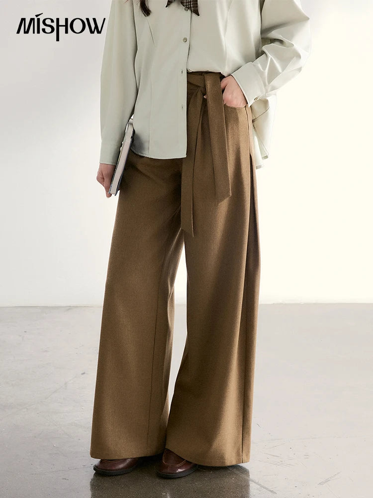 MISHOW Brown Wide Leg Pants Strap Design High Waist Elastic MXF11K1134