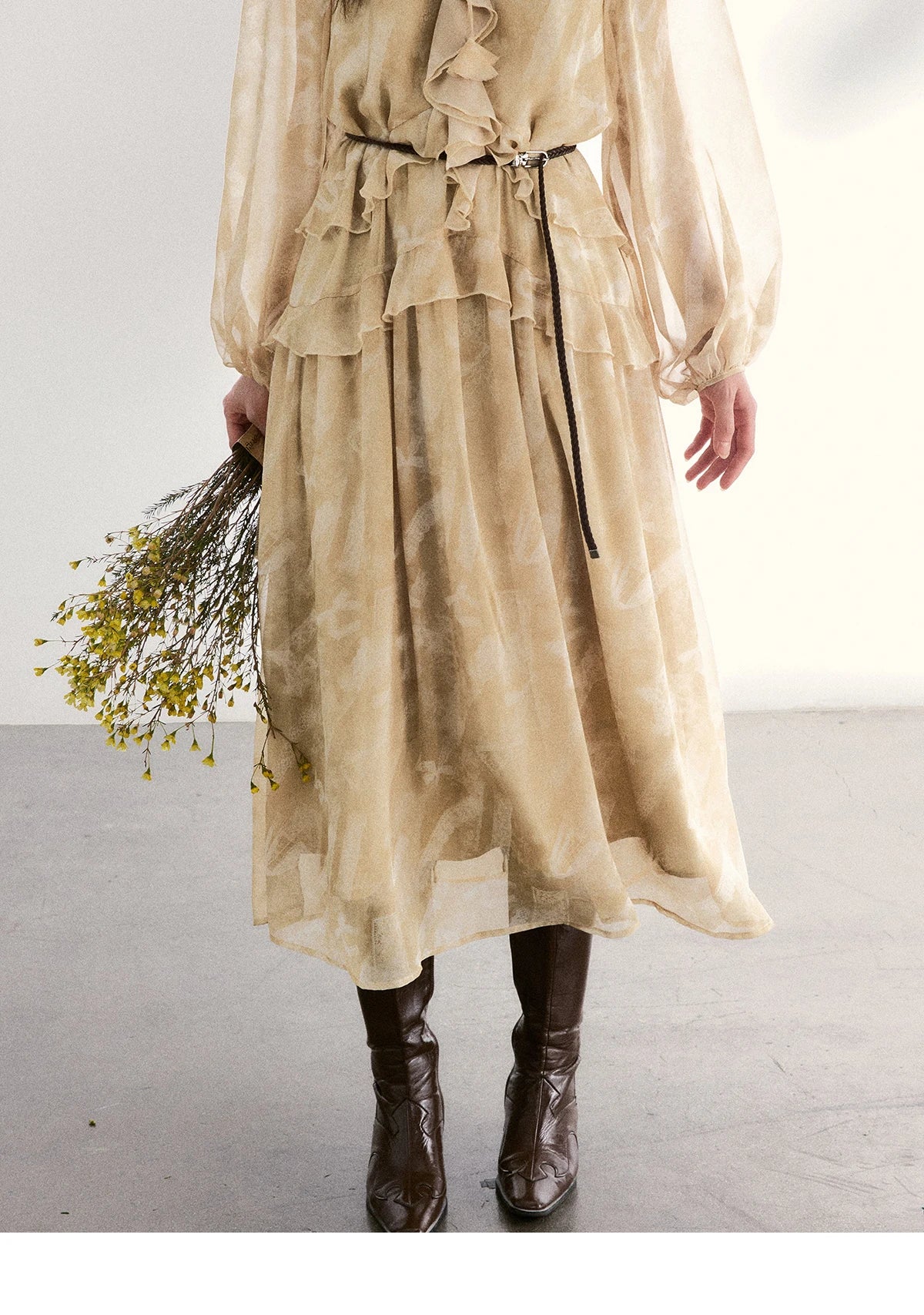 MISHOW Light Yellow Chiffon Maxi Dress V-Neck Ruffled Belted MXF11L2554