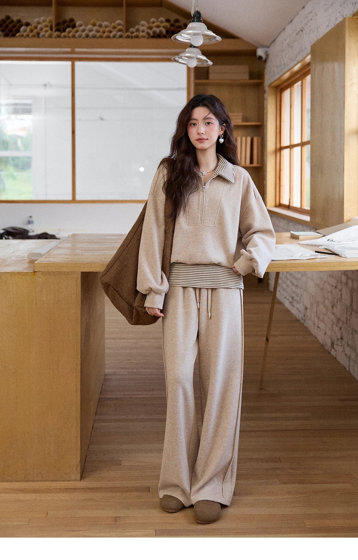 Mishow Retro Striped Lapel Half-Zip Sweatshirt & Wide Leg Pants Set MXE87T1425