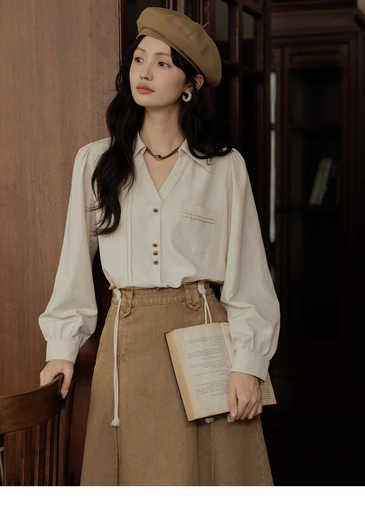 MISHOW French Lapel V-Neck Shirt Retro Button Pockets MXD43C0306